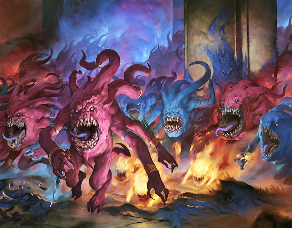 Un groupe d'horreurs de Tzeentch (roses, bleues, soufres)
