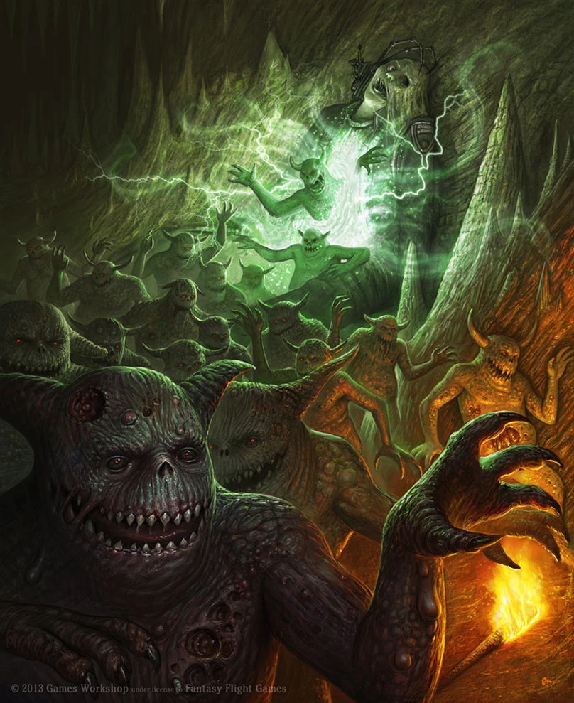 Une horde de Nurglings utilisant un psyker comme portail