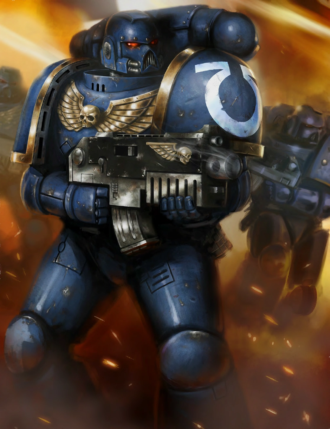 Un escouade de SpaceMarine Tactique du chapitre des Ultramarines.