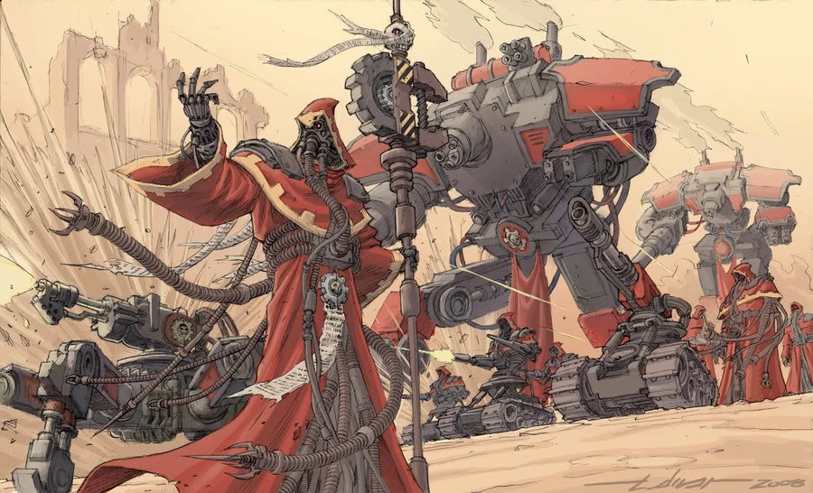 Un techno-prêtre du Mechanicus à la tête d’un maniple de la Legio Cybernetica pendant la Grande Croisade
