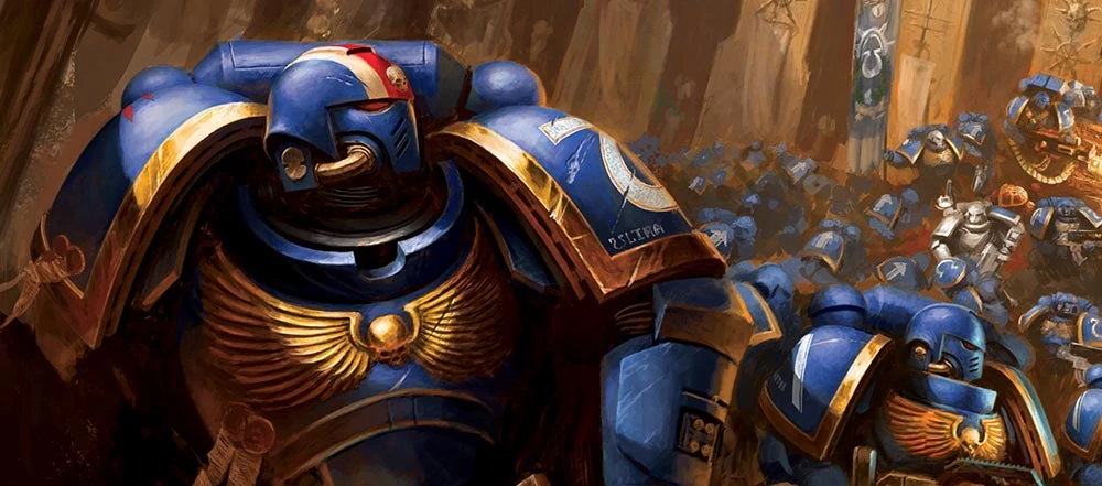 Un groupe de SpaceMarines du chapitre des Ultramarines